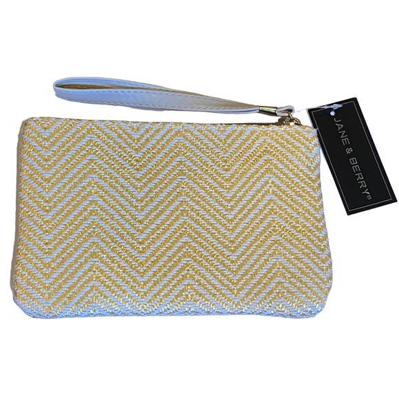 Jane & Berry Handbags - Jane & Berry Chevron Gold and Cream Woven Wristlet Clutch NWT